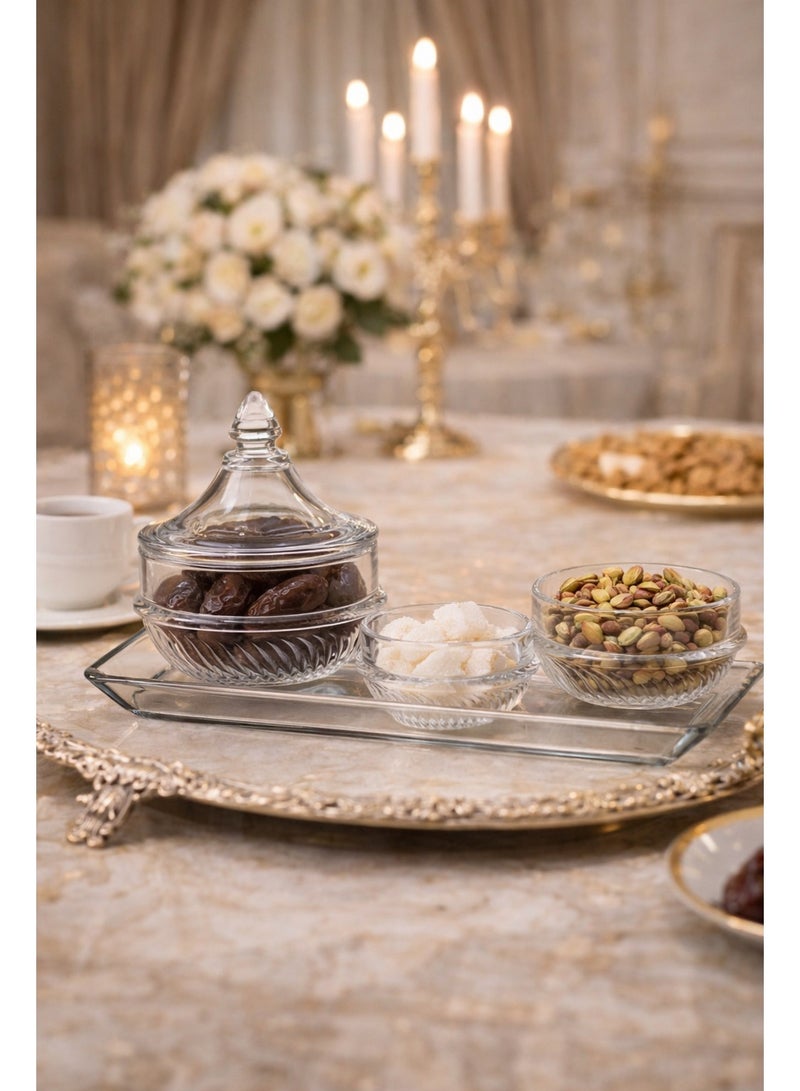 Elegant ✨ Luxurious Clear Glass Serving Set (4 Pieces) 🍬🥜  Lided Bowl + 2 Serving Bowls + Rectangular Plate | Perfect for Dates, Sweets, and Nuts - Image 2